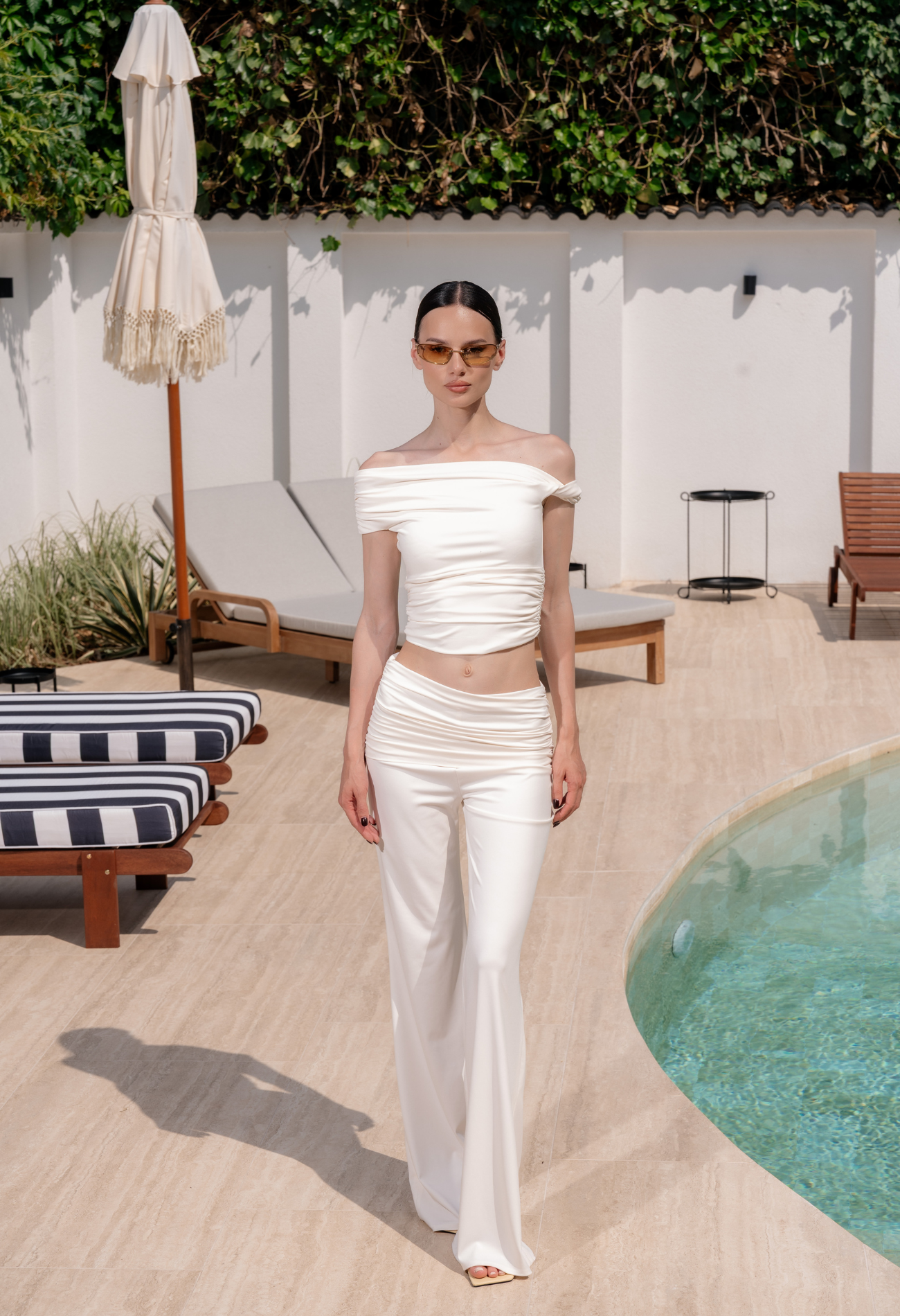 White Trousers with Draped Hips