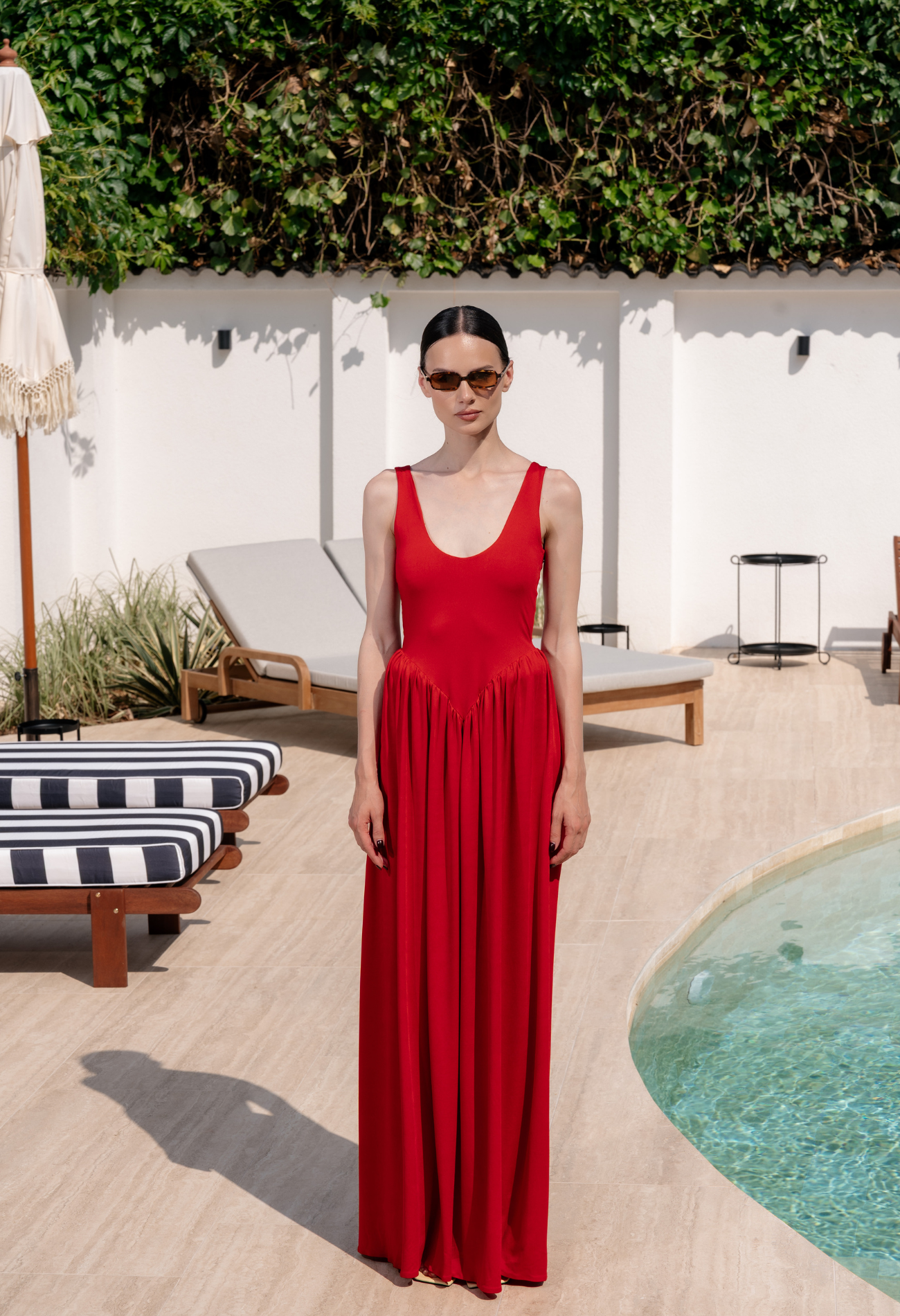 Red Dress with Structured Hip Accents S E D U Z Red Dress with Structured Hip Accents S E D U Z