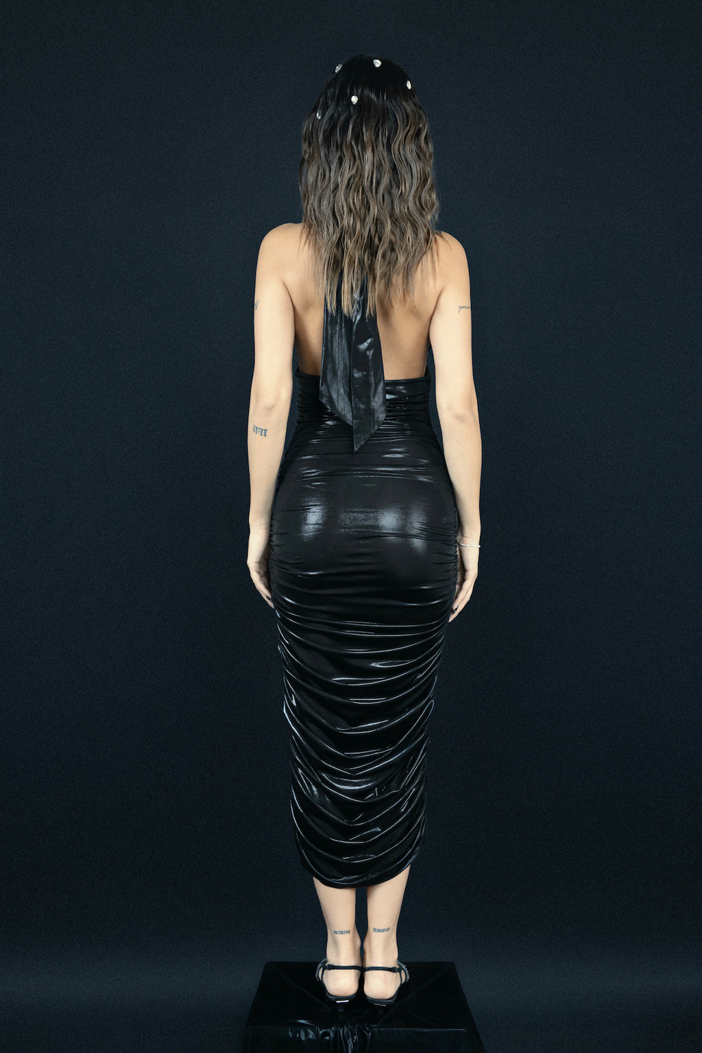 The Drapes Midi Dress in Black Liquid Lycra