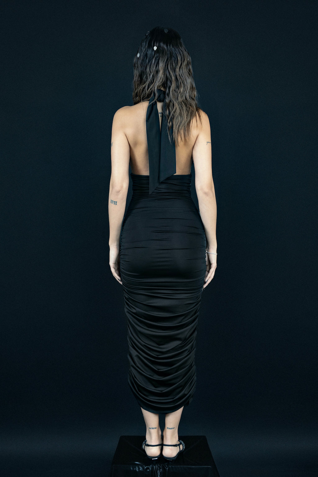 The Drapes Midi Dress in Black Matte Lycra