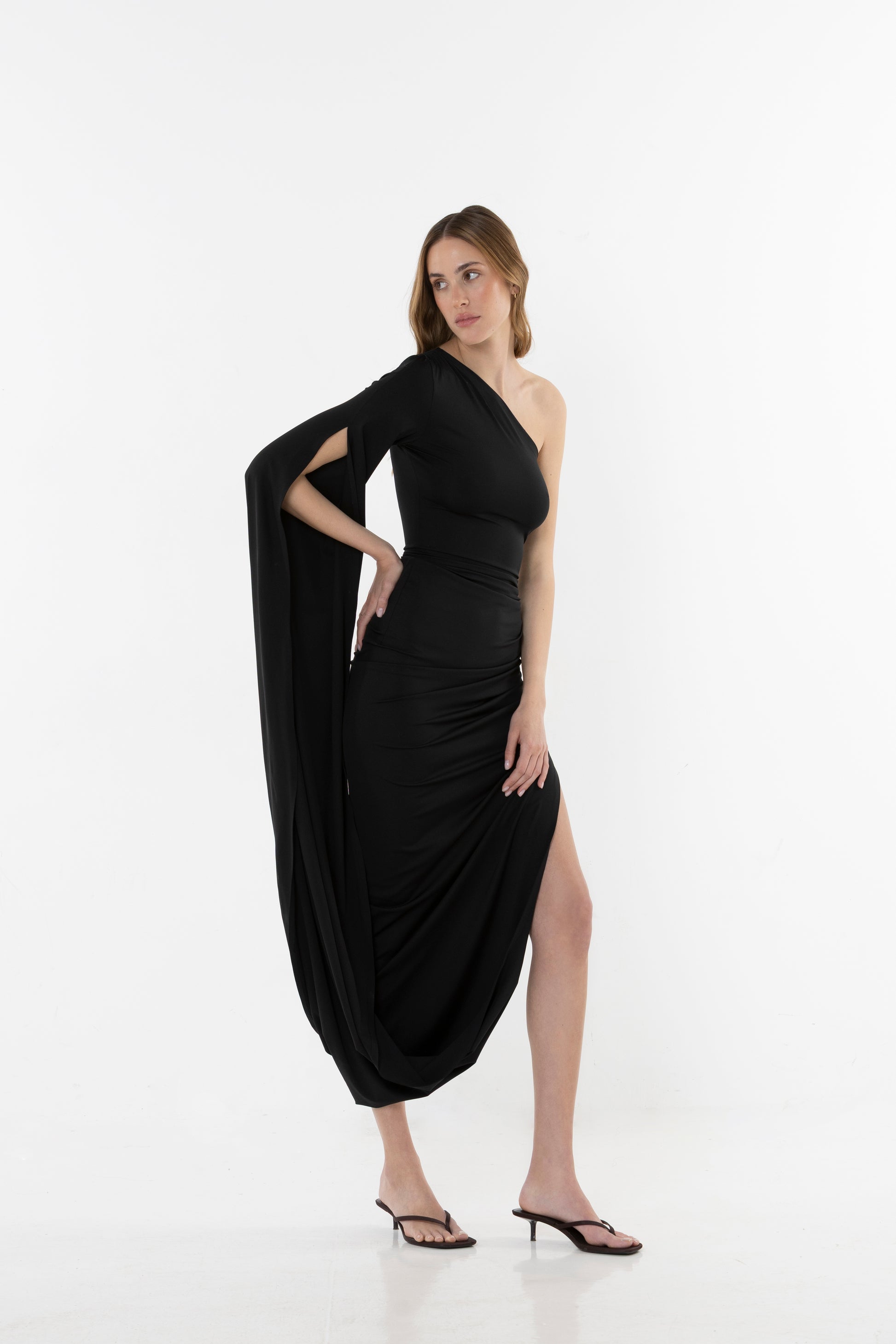 black asymmetric sleeve embroidered bodycon dress YEYCAT - Long-Sleeve Asymmetrical Floral Embroidered Keyhole Drawstring Mini Bodycon Dress