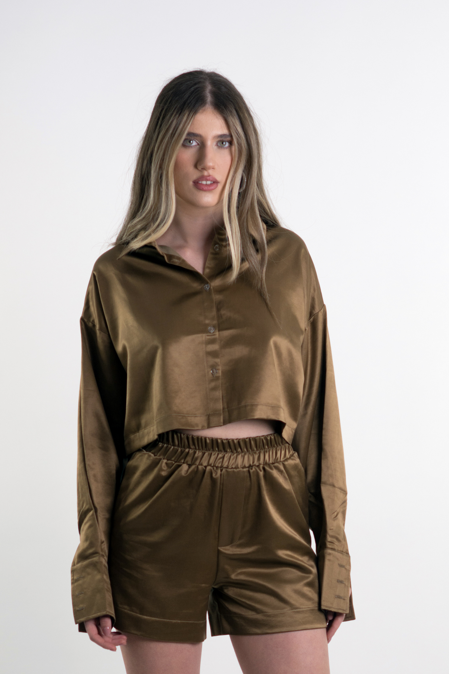 Golden Brown Oversized Cropped Shirt