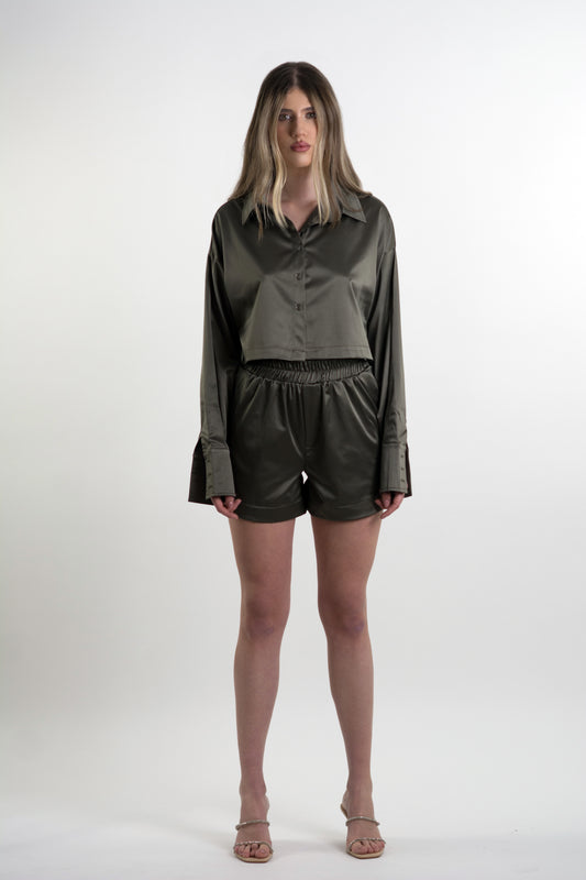 Earth Green Oversized Cropped Shirt